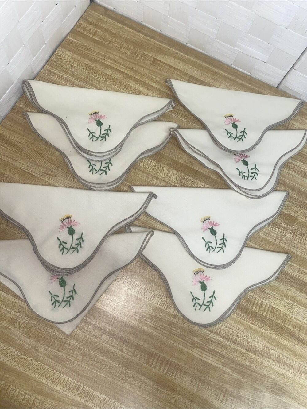 Vintage Handmade Set of 8 Off White Place Mats / Napkin Embroidered Floral